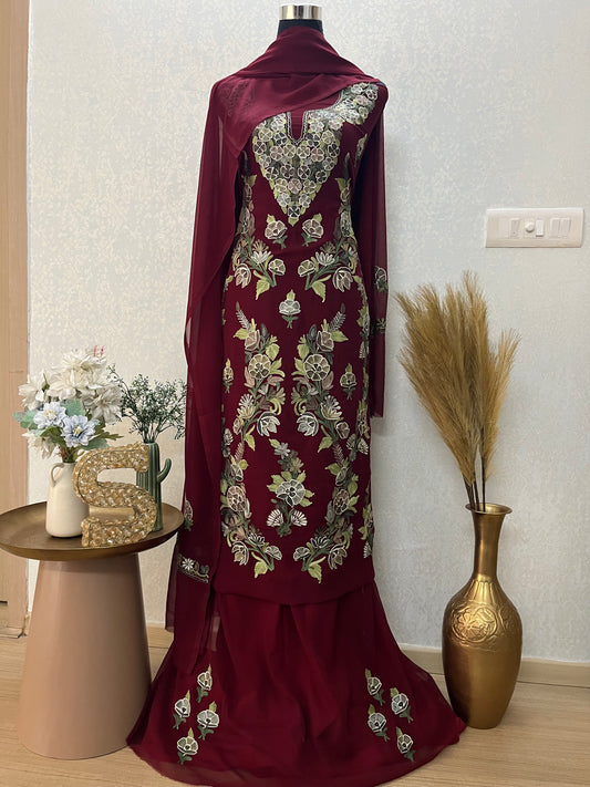 Maroon Georgette 3 Pc Kashmiri Suit