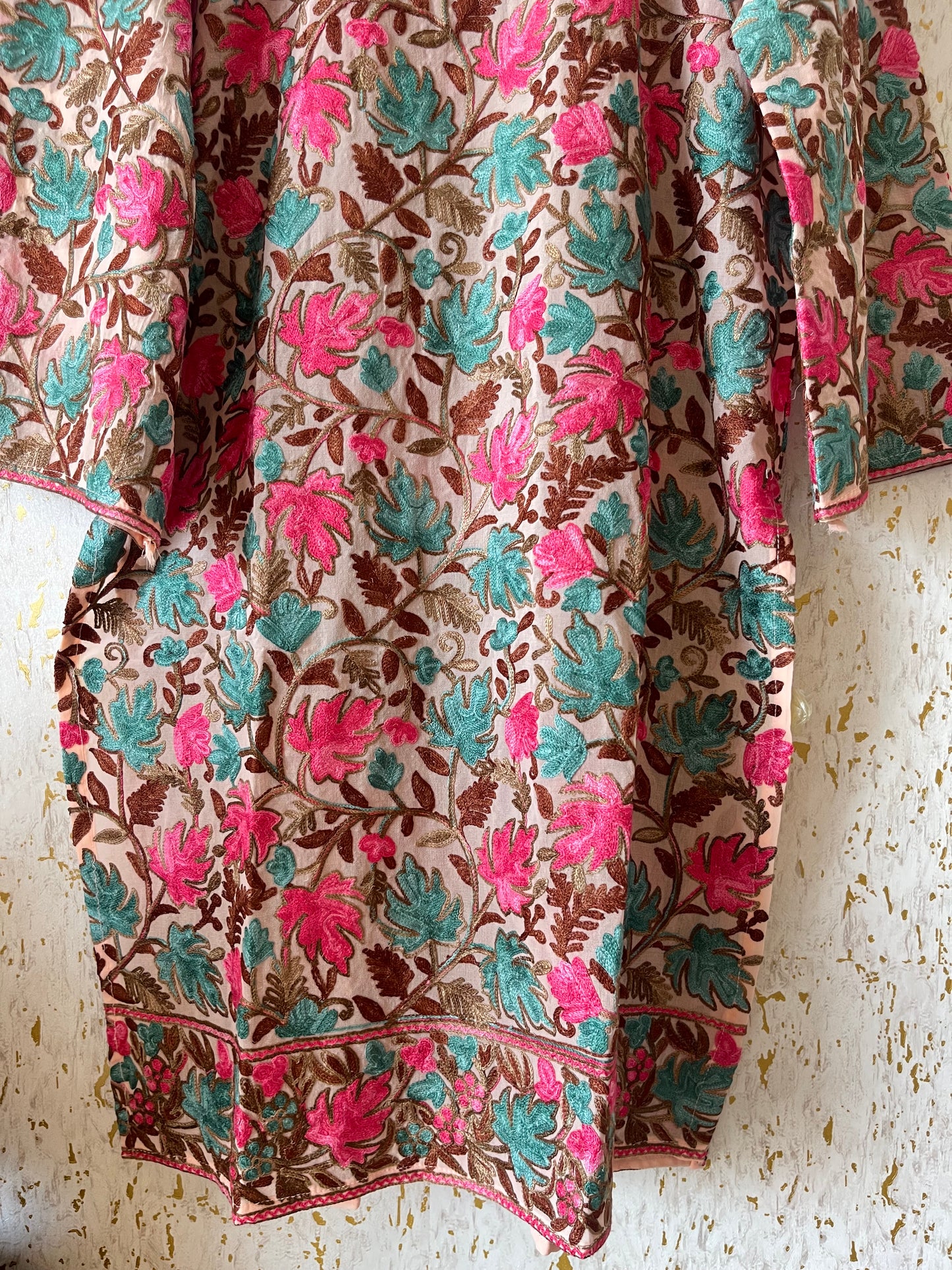 Peach Georgette Jaal Work (Front & Back) Aari Embroidered Stitched Kurta