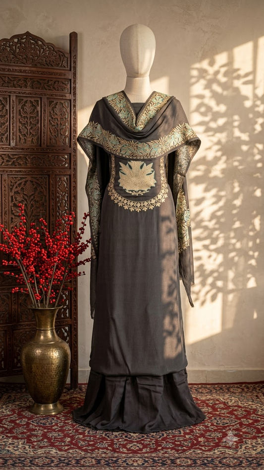 Grey Chinon 3 Pc Aari Embroidered Suit