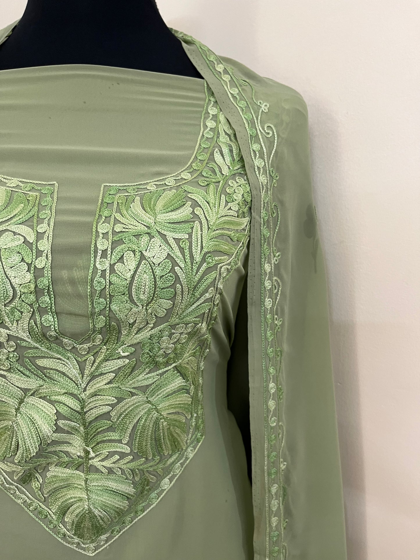 Tea green Georgette 3 Pc Aari Embroidered Suit Set