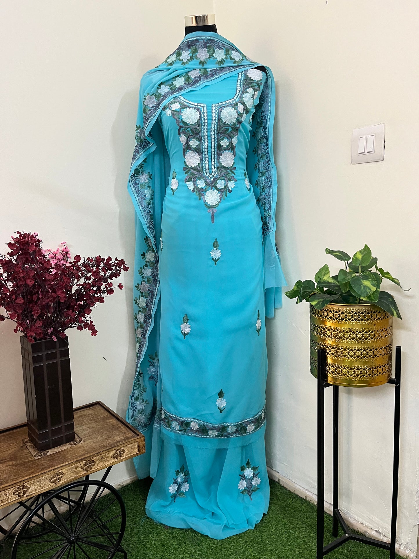 Sky Blue Georgette 3 Pc Aari Embroidered Suit Set