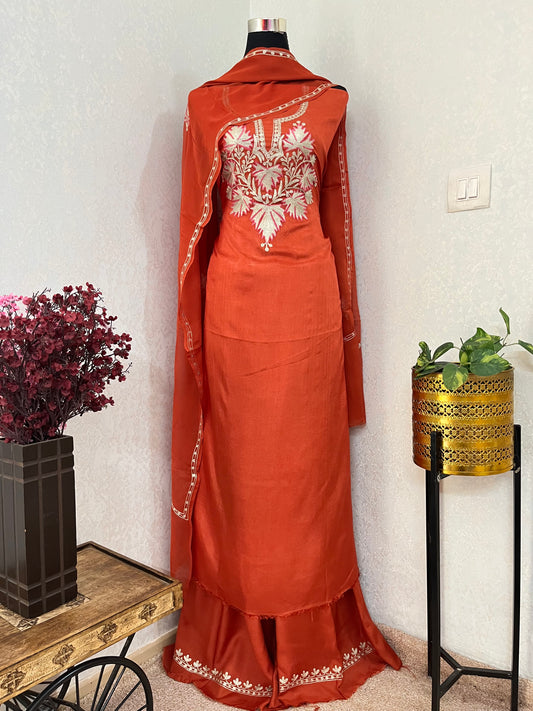 Sweet Orange Silk Tilla Kashmiri Suit