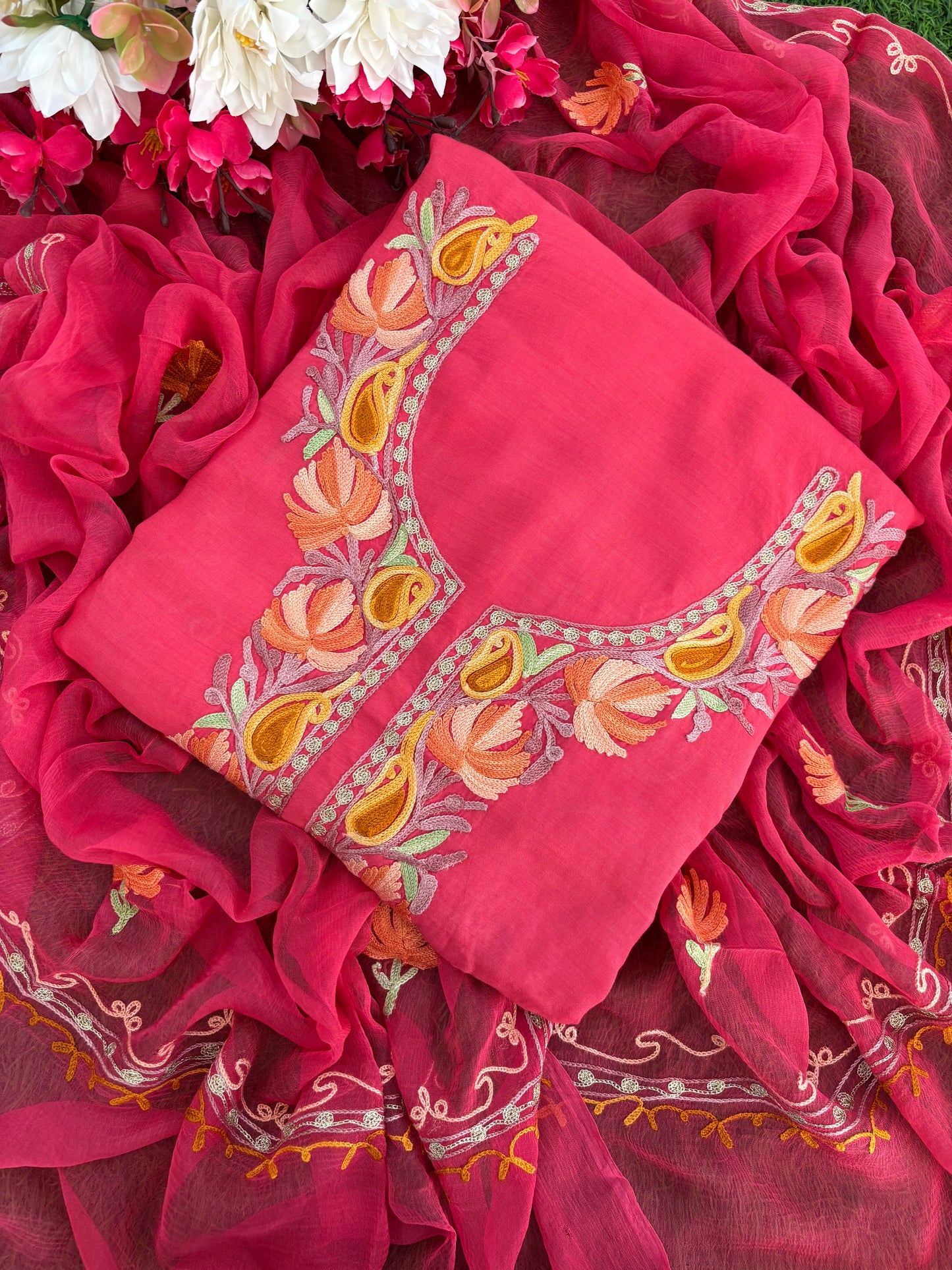 Carrot Red Muslin Cotton Jaal Sleeves Kashmiri 3pc Suit