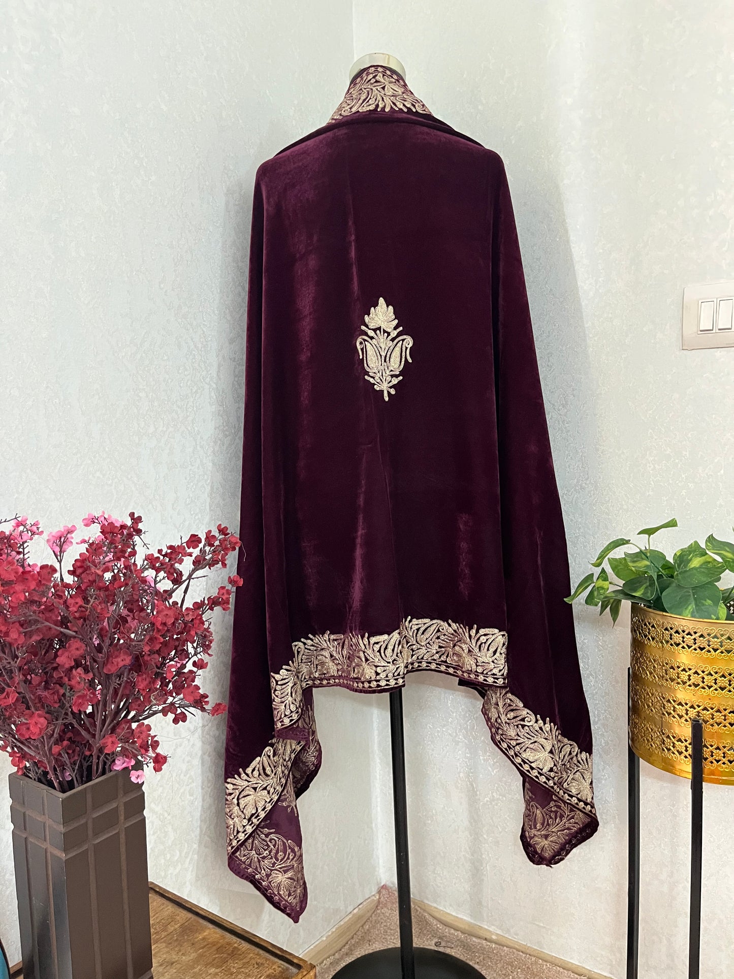 Wine Tilla Embroidered Velvet Cape