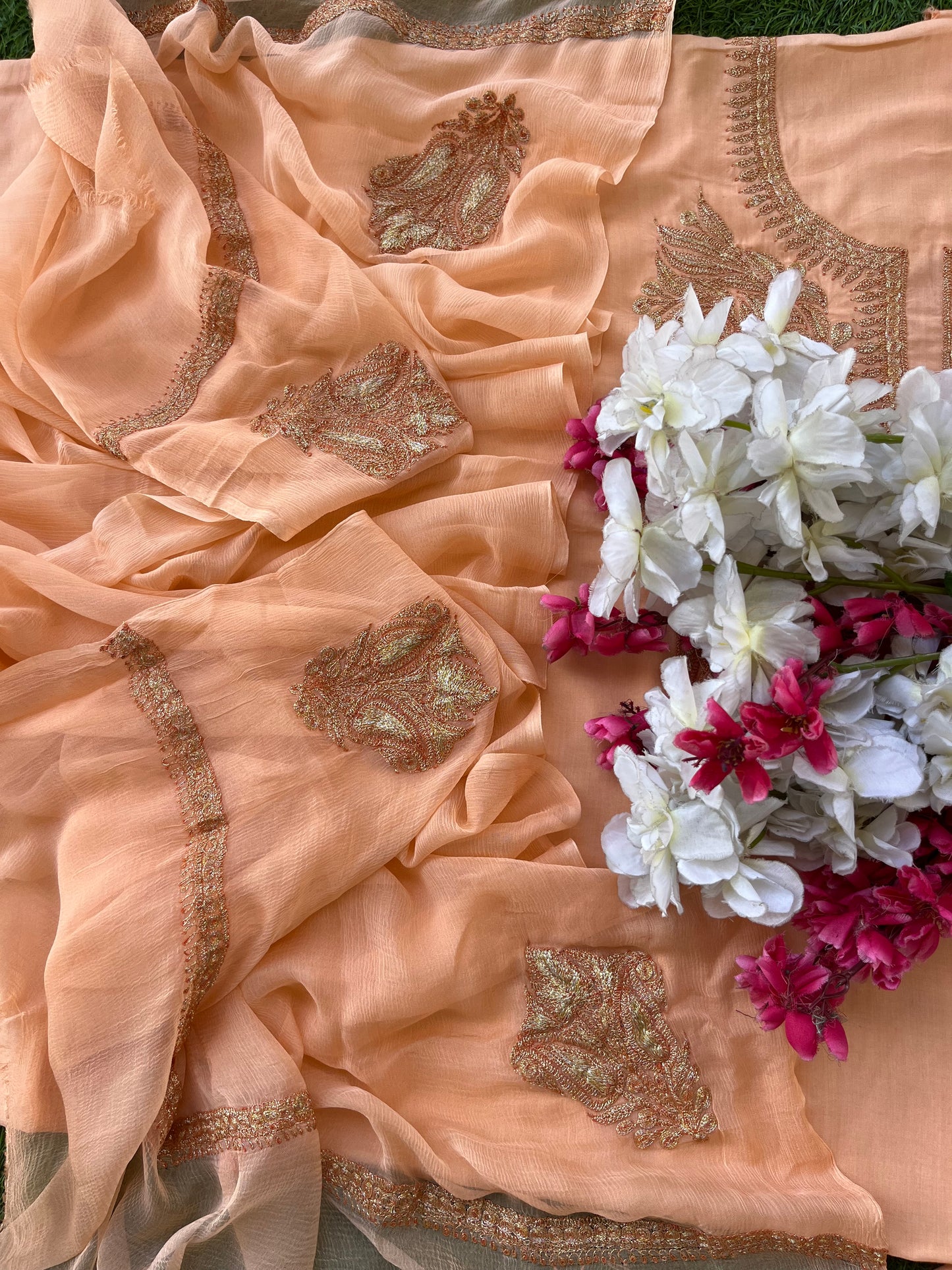 Kalaa’ Peach Muslin Silk Tilla Embroidered Suit material