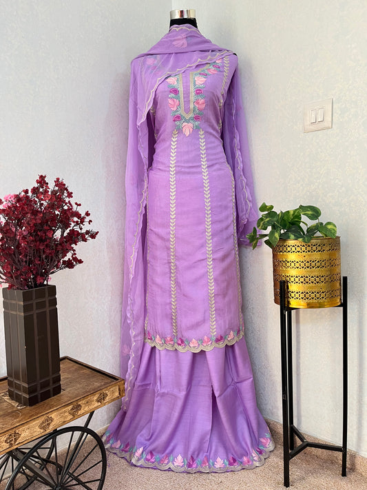 Lavender Sanam’ Silk Aari Embroidered Suit material