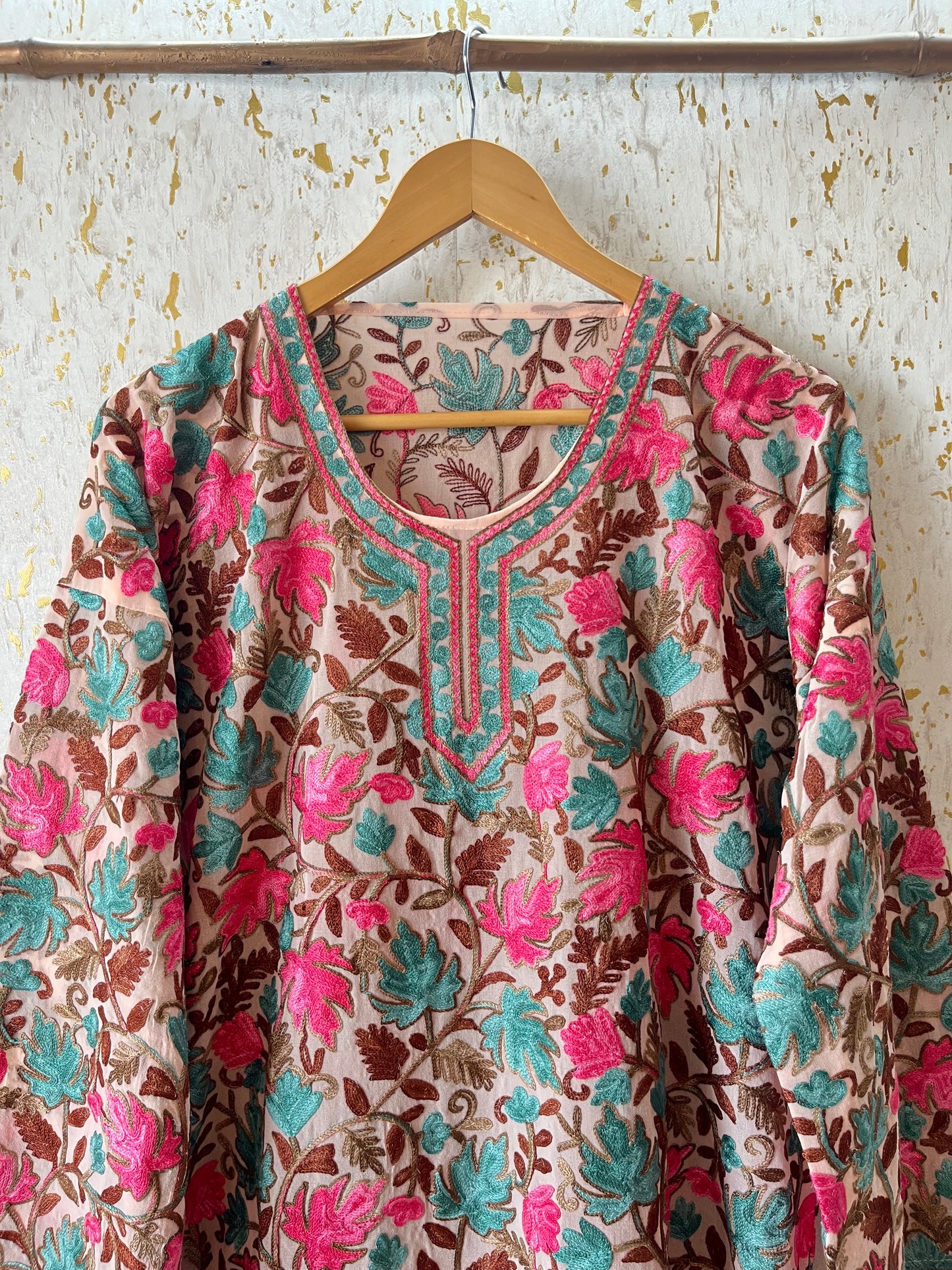 Peach Georgette Jaal Work (Front & Back) Aari Embroidered Stitched Kurta