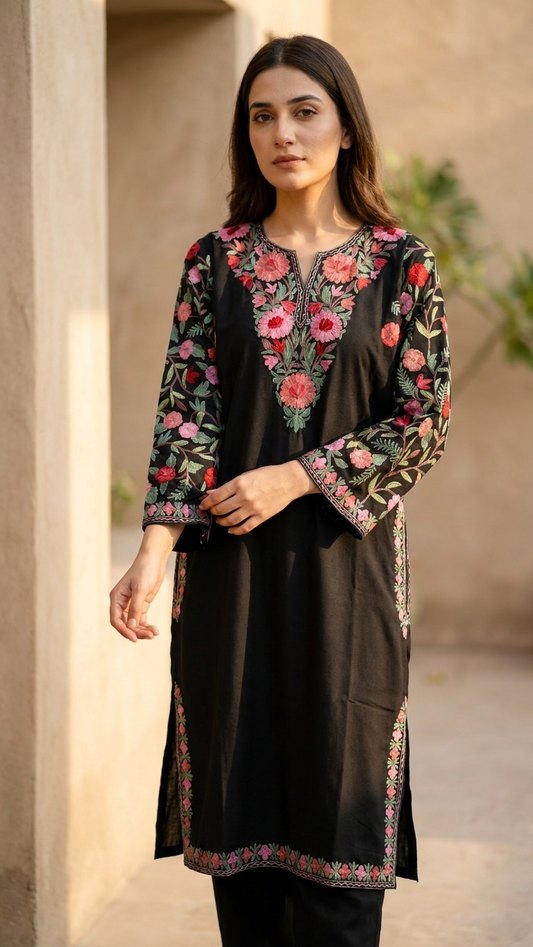Black Cotton Arm Jaal Pheran Set