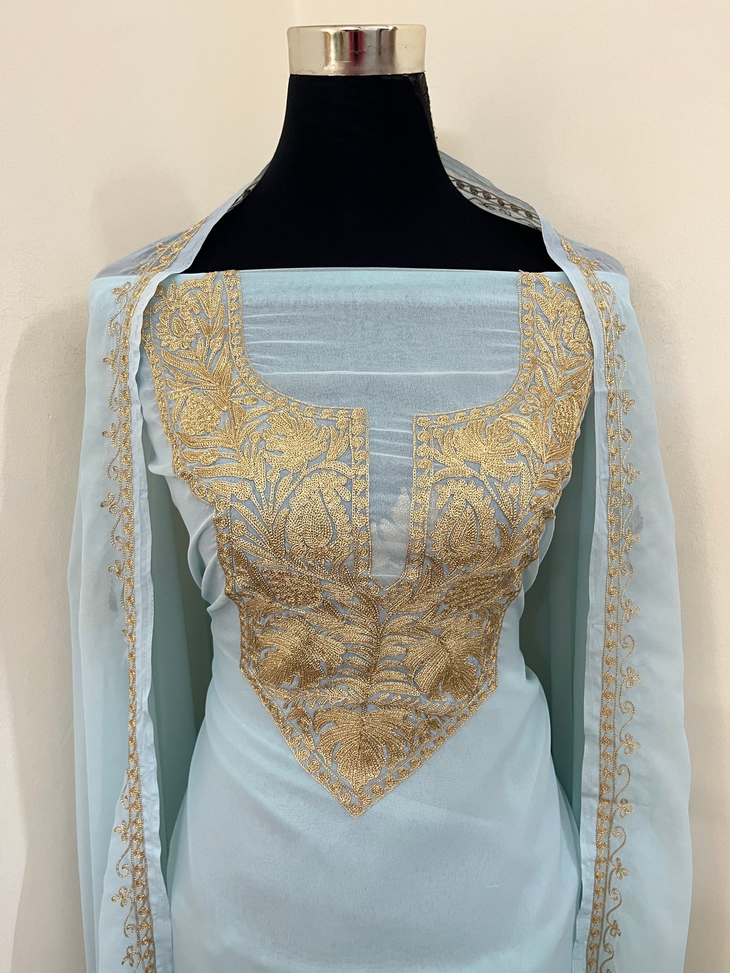 Sky blue Georgette 3pc Kashmiri Tilla Suit