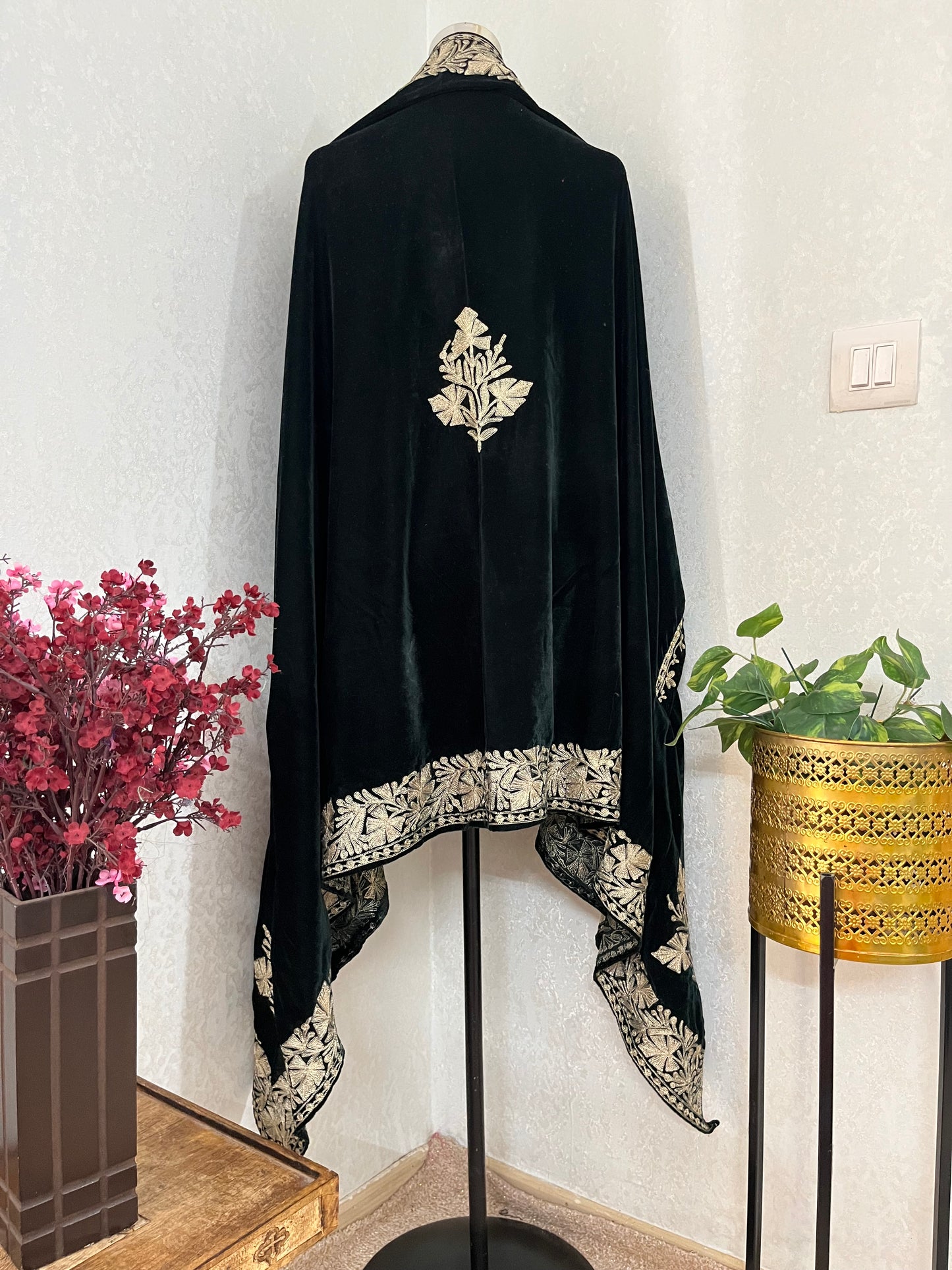 Bottle Green Tilla Embroidered Velvet Cape