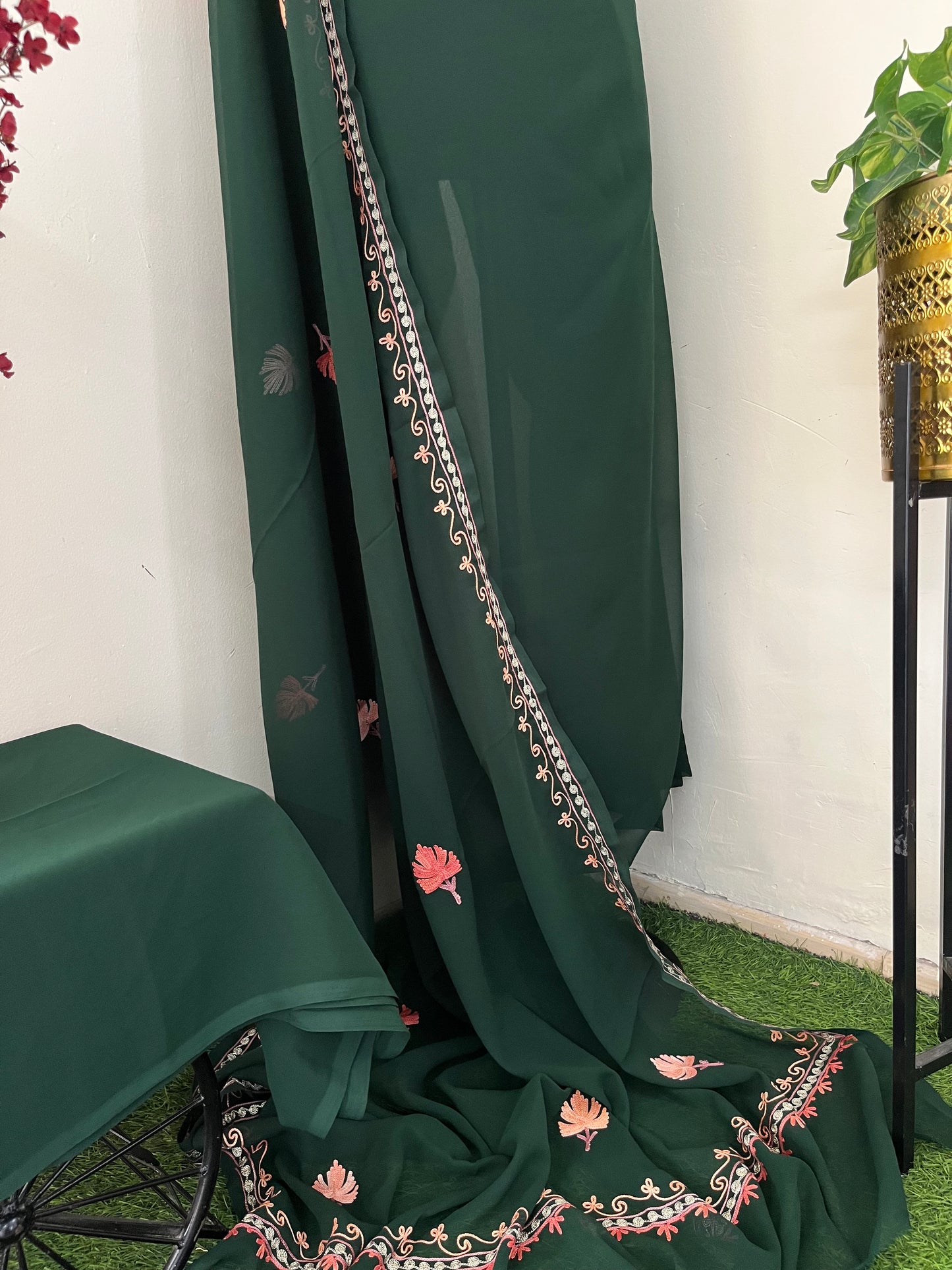 Bottle Green Georgette 3 Pc Aari Embroidered Suit Set