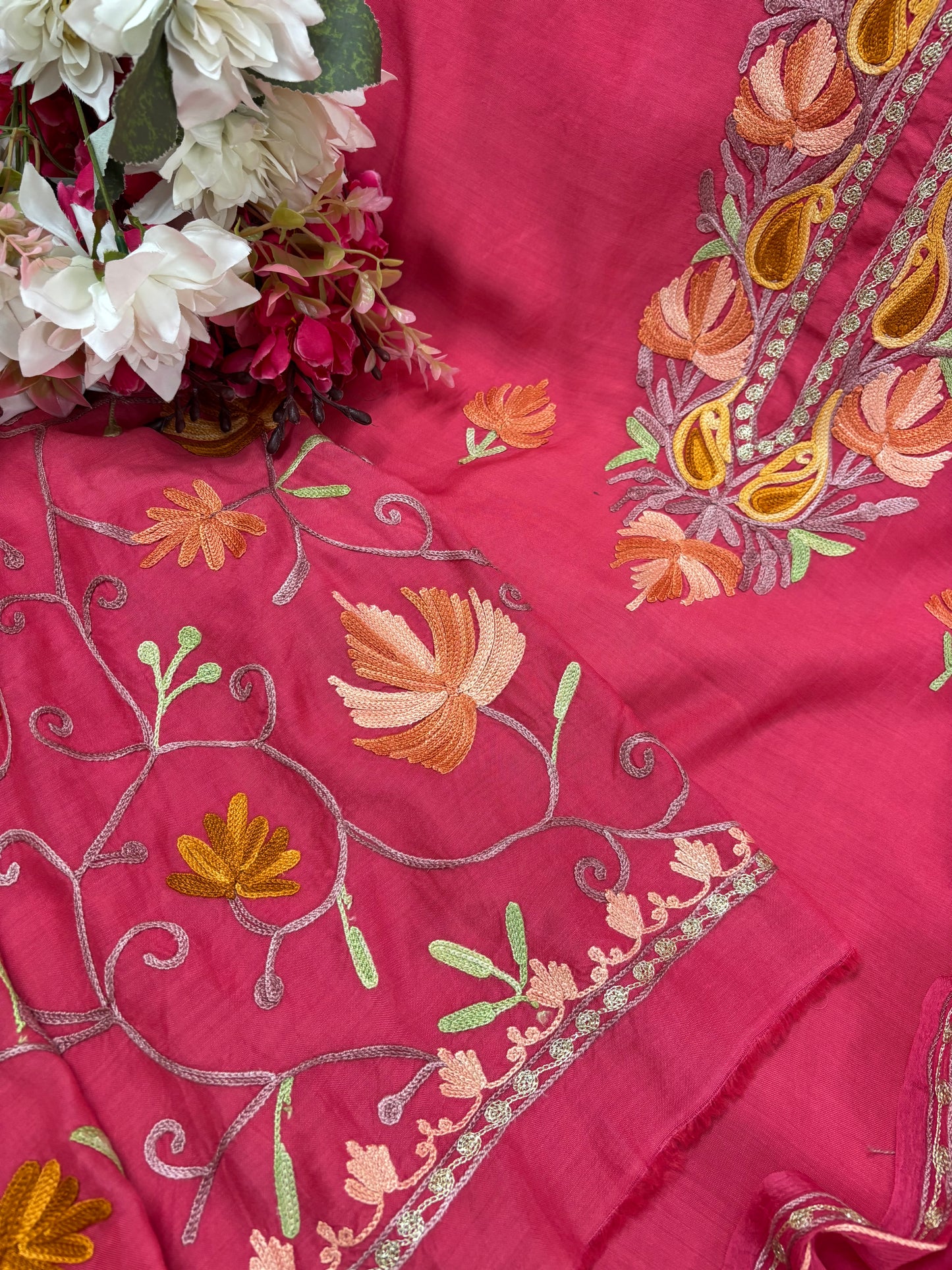 Carrot Red Muslin Cotton Jaal Sleeves Kashmiri 3pc Suit