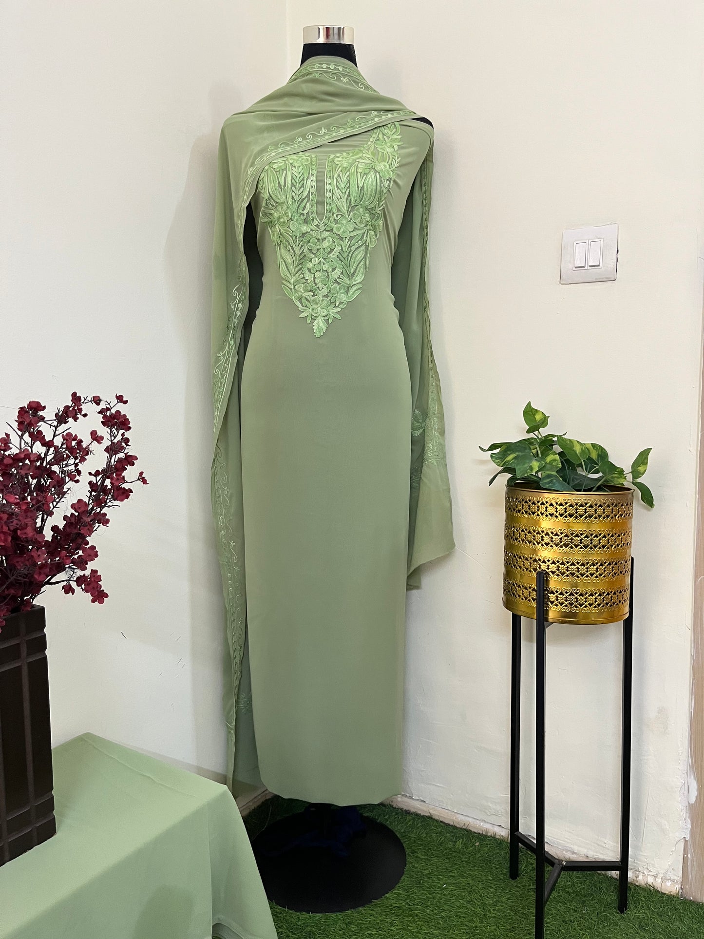 Tea green Georgette 3 Pc Aari Embroidered Suit Set