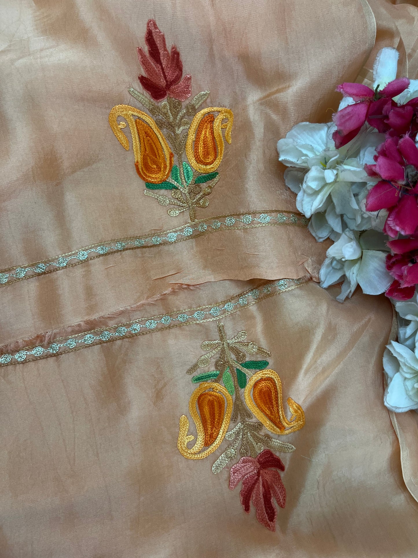 Peach Opada Silk Kashmiri Suit