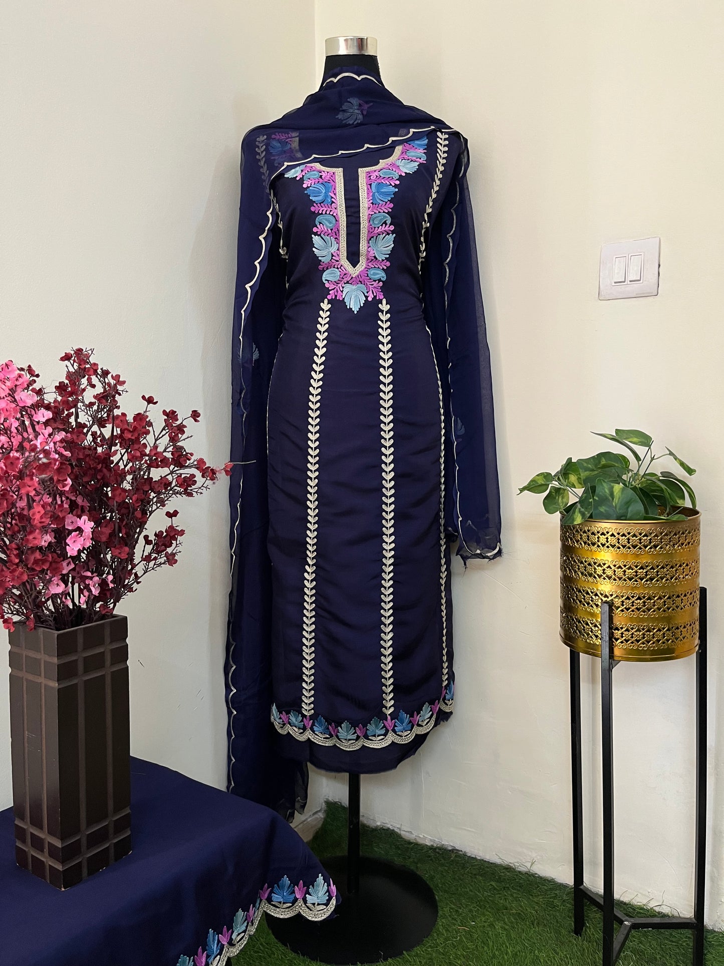 Sanam’ Navy Blue Silk Aari Embroidered Suit material