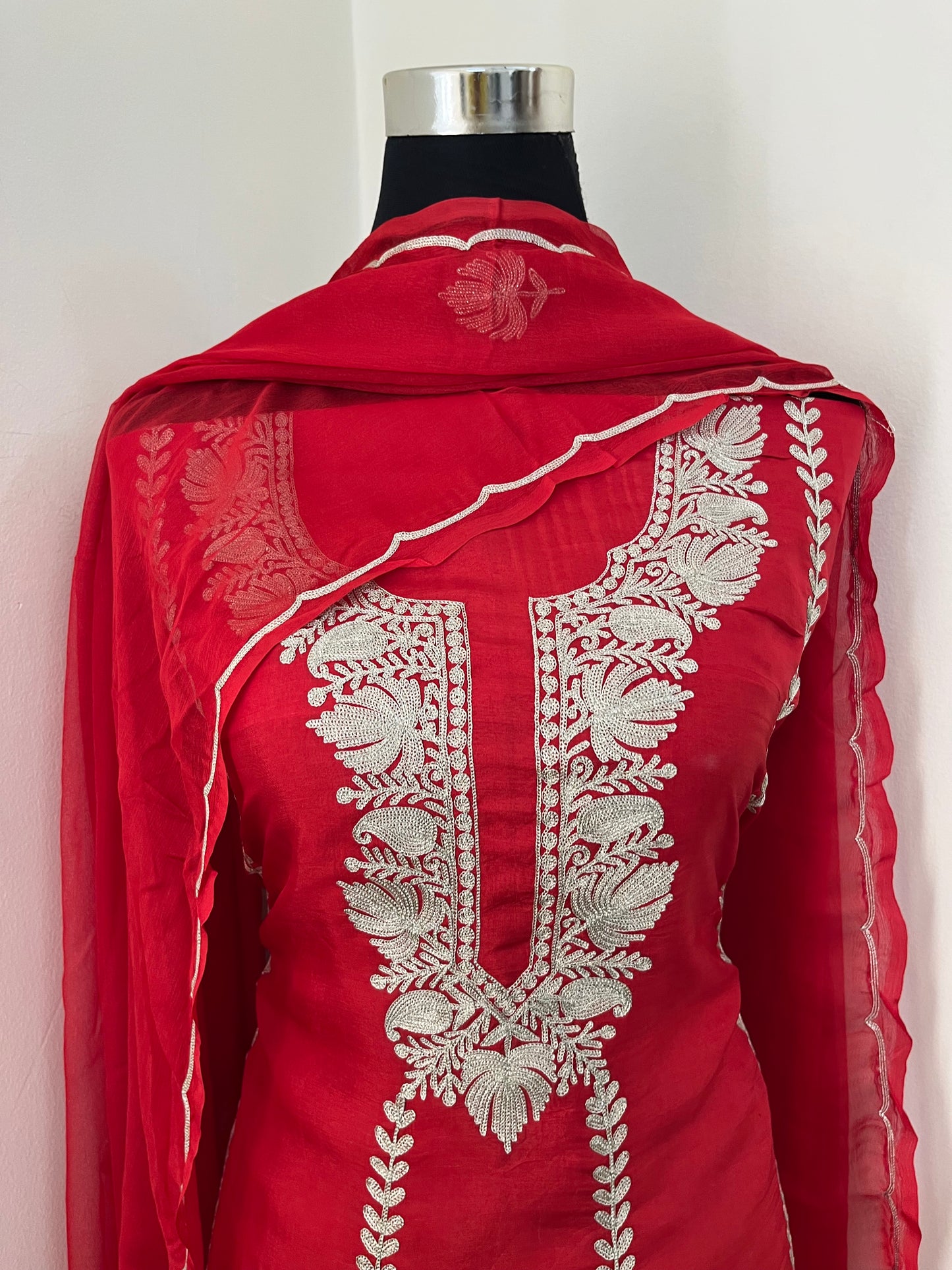 Red Sanam’ Silk Tilla Kashmiri Suit
