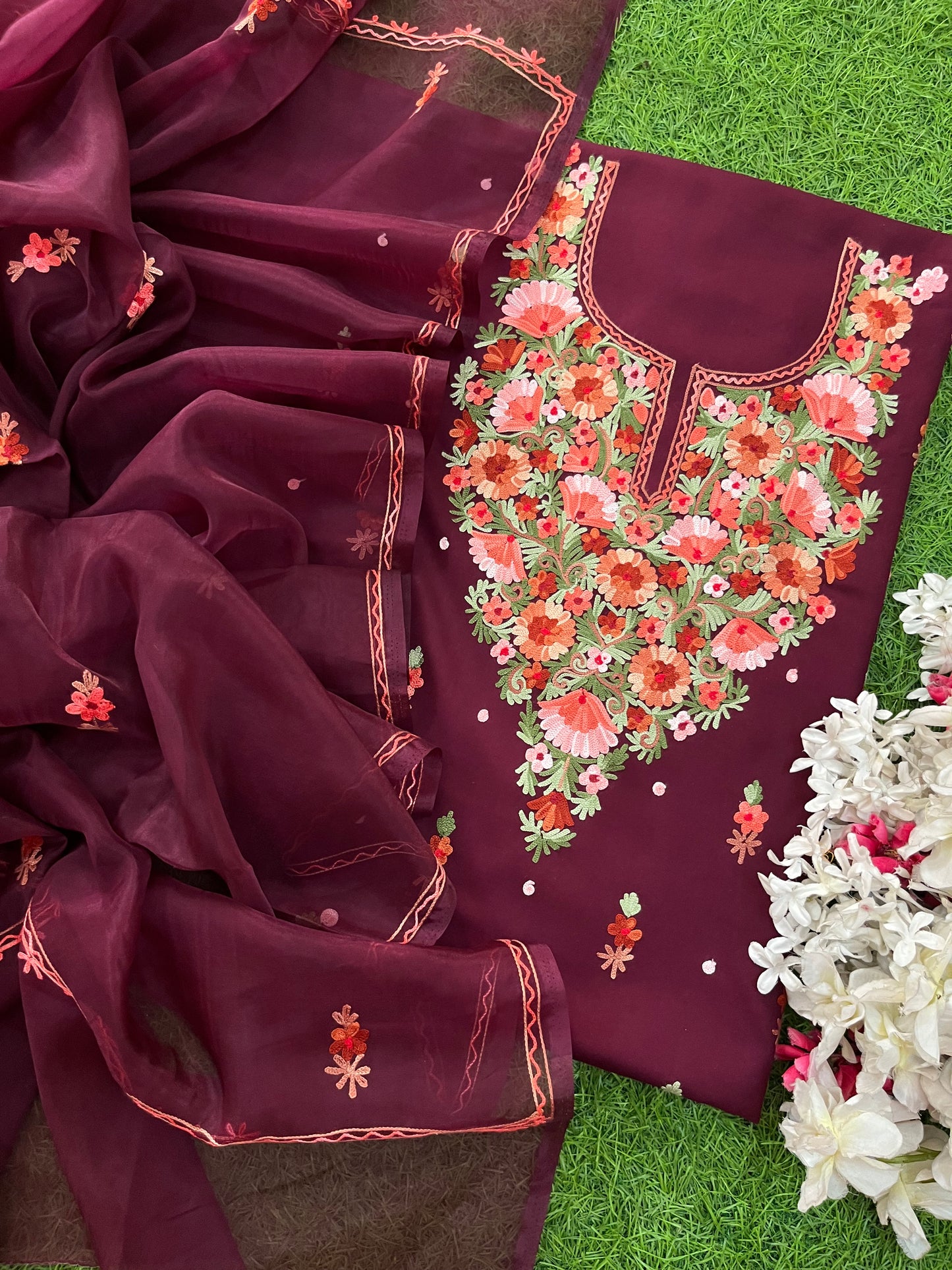 Wine Cotton Organza Dupatta Kashmiri 3pc set