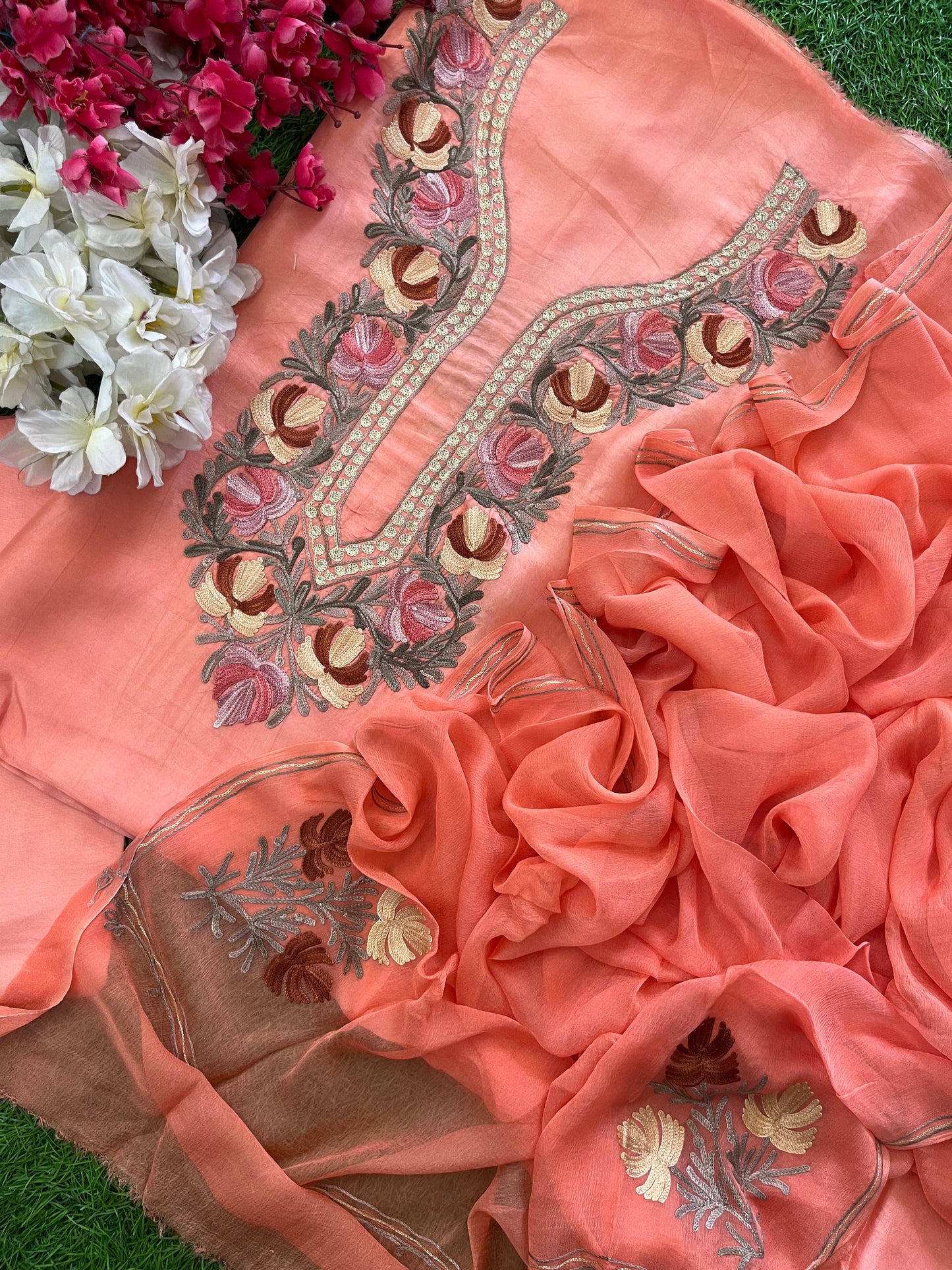 Peach Opada Silk Aari Embroidered Suit material