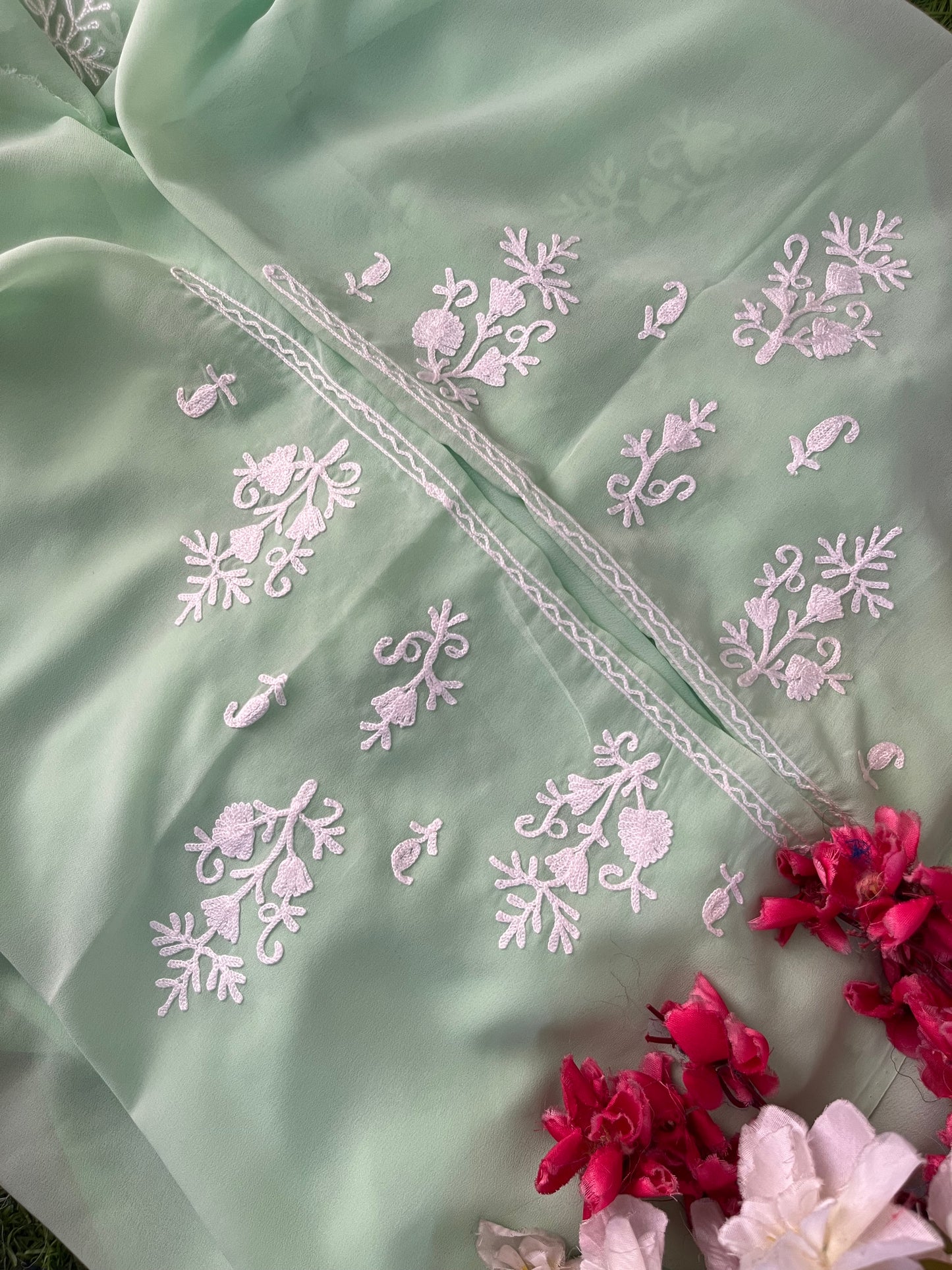 Tea Green Georgette Kashmiri Unstitched Kurta Material
