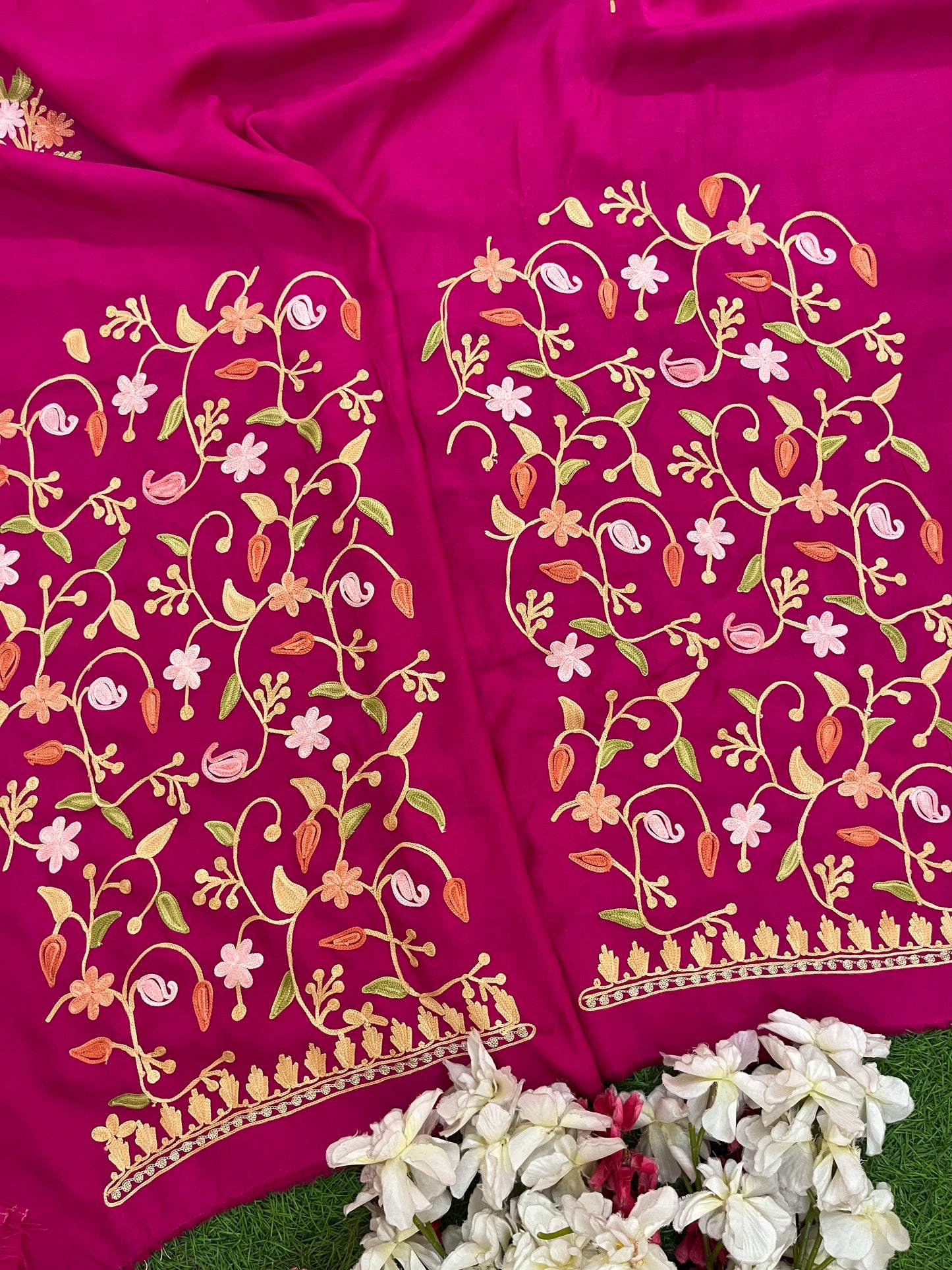 Hot Pink Muslin Cotton Jaal Sleeves Kashmiri 3pc Suit