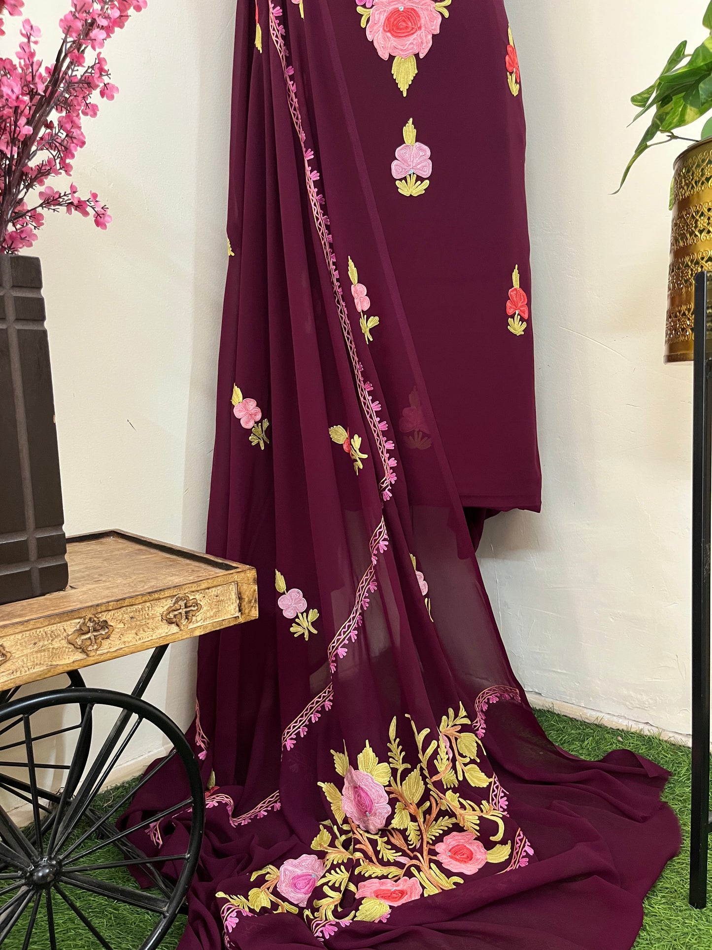 Wine Georgette 3 Pc Aari Embroidered Suit