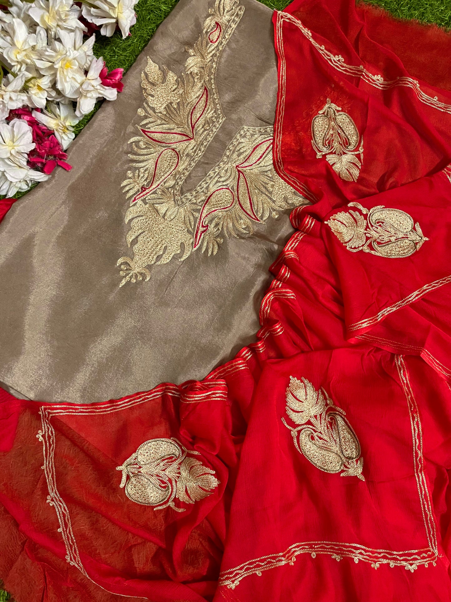 Golden Beige Silk Aari Tilla Fusion Suit