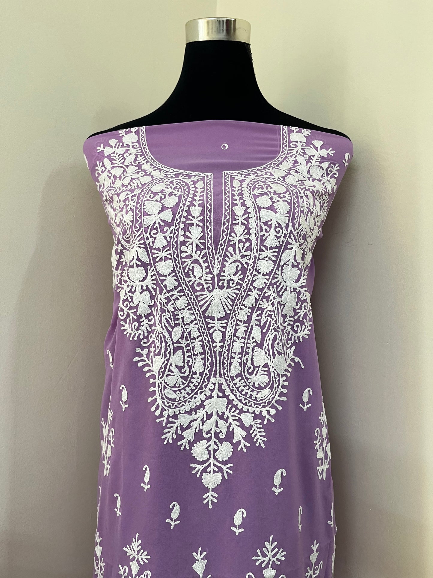Lavender Georgette Kashmiri Unstitched Kurta Material