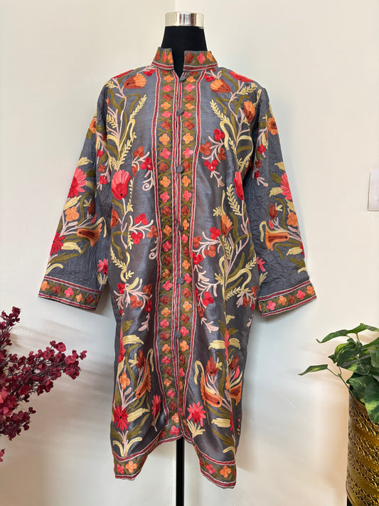 Silver Aari Embroidered Silk Jacket ‘L’