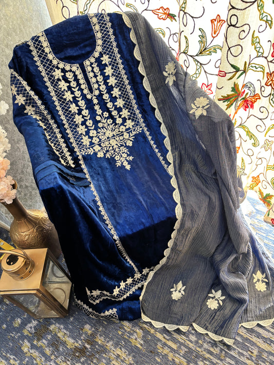 Navy Blue Tilla Pure Makhmal 3pc Suit
