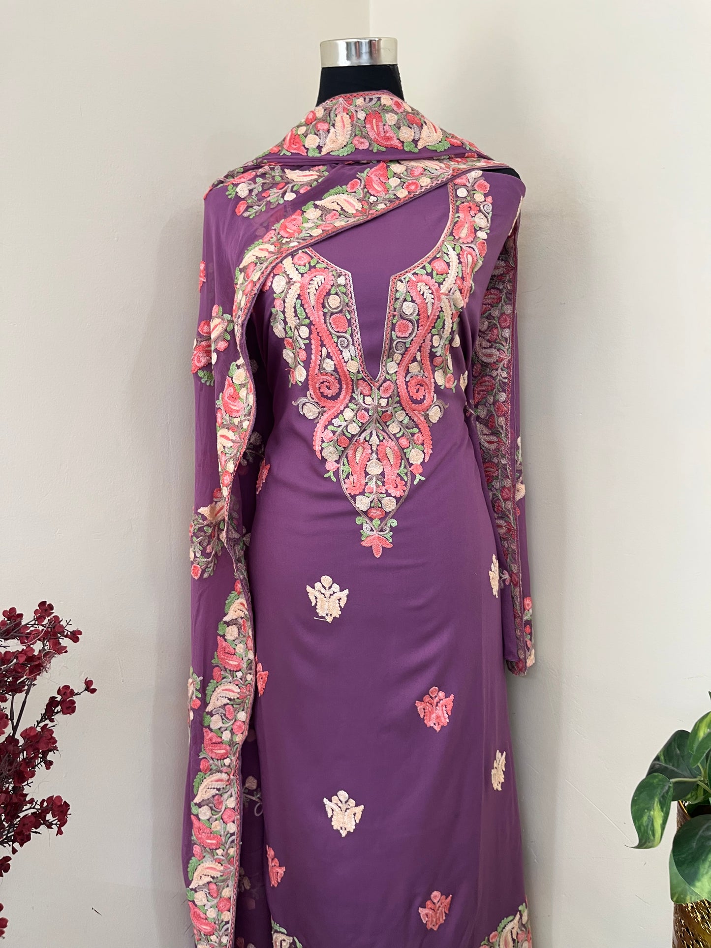 Lavender Rayon Cotton Kashmiri 3pc set