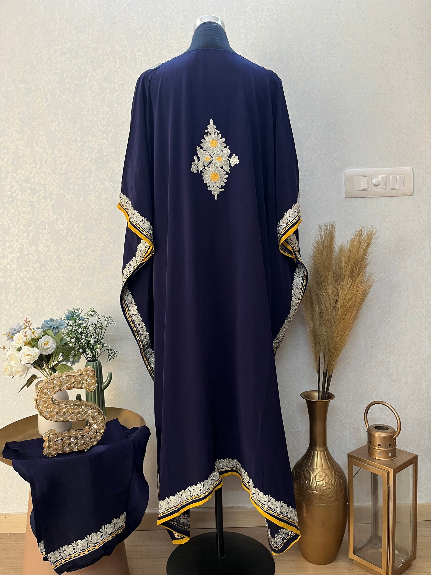 Navy Blue Crape Kashmiri Kaftan Set