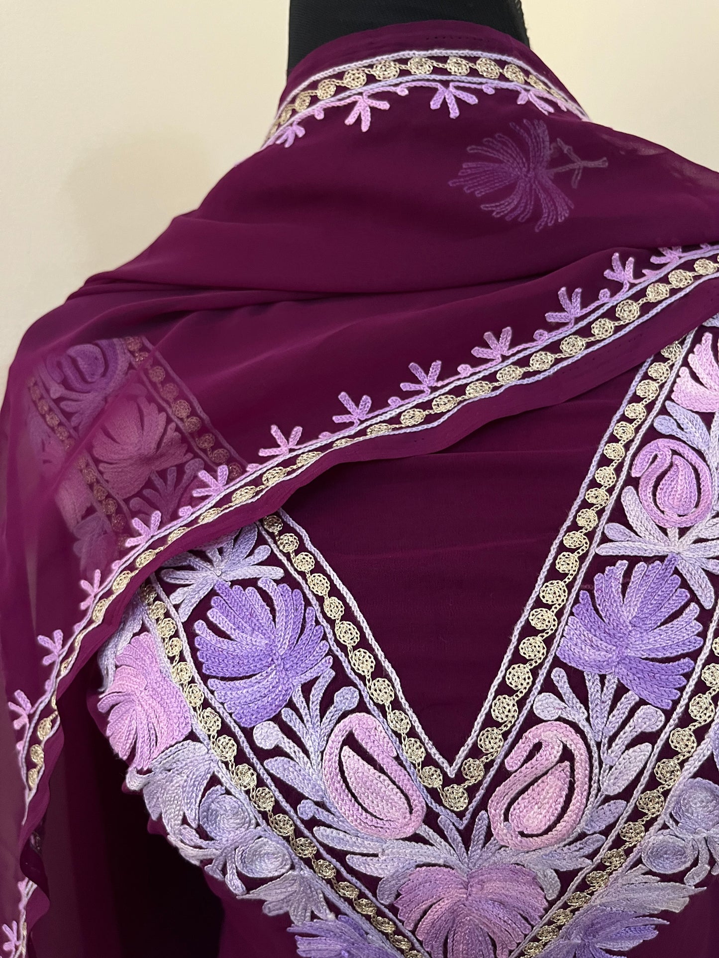 Wine Georgette 3 Pc Aari Embroidered Suit Set