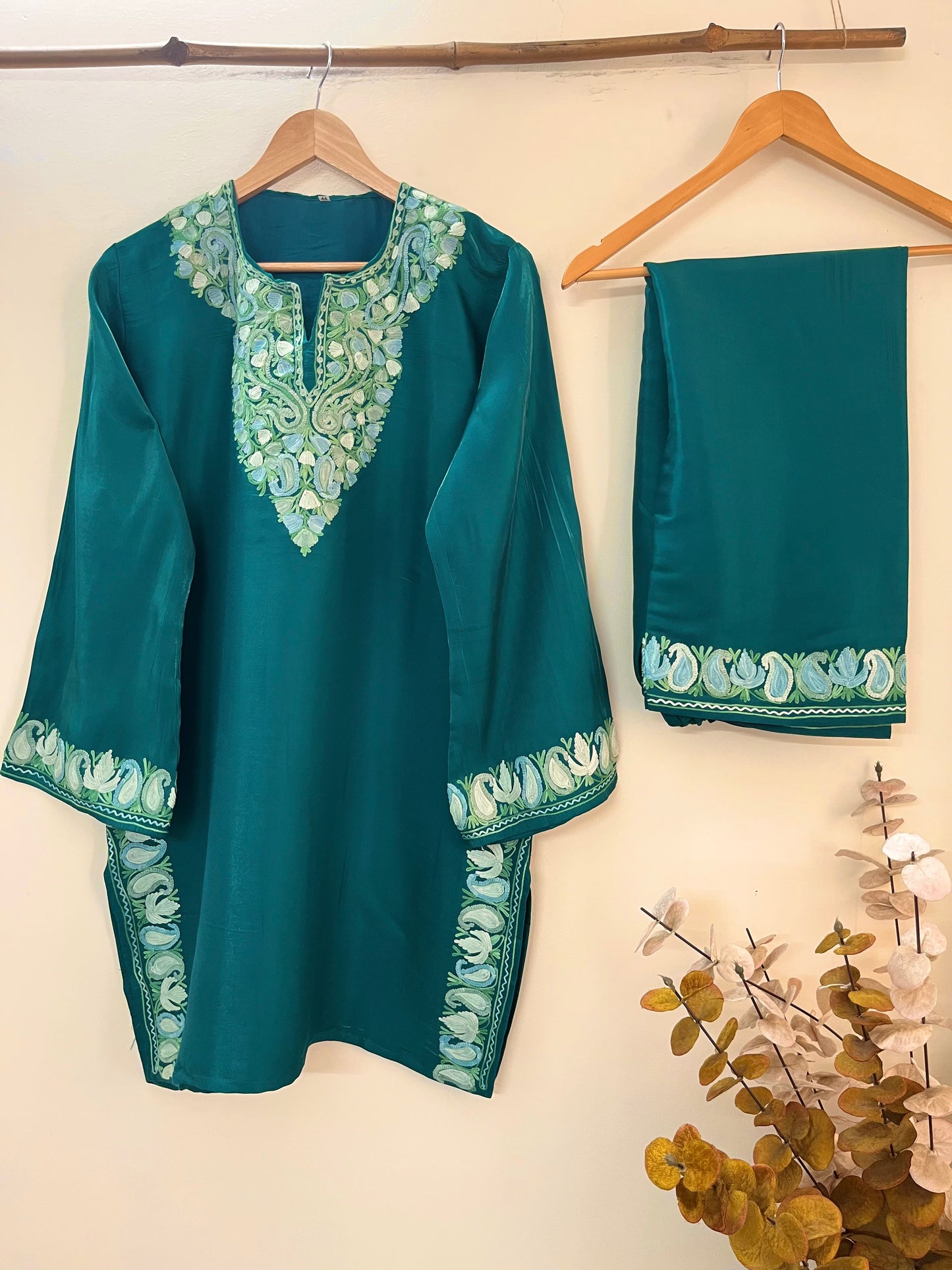 Green Shimmer Silk Stitched Co-ord Set