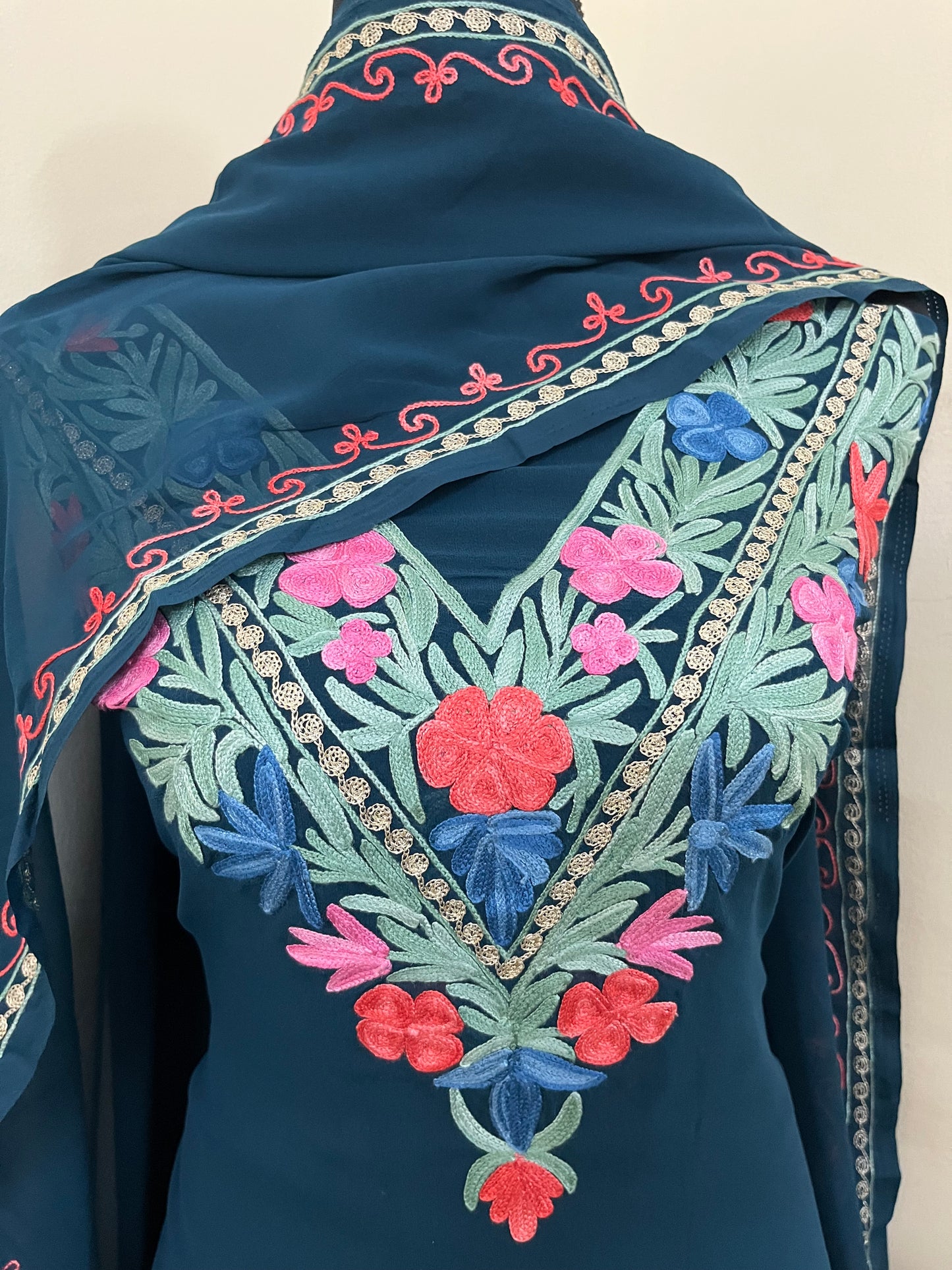 Teal blue Georgette 3 Pc Aari Embroidered Suit Set
