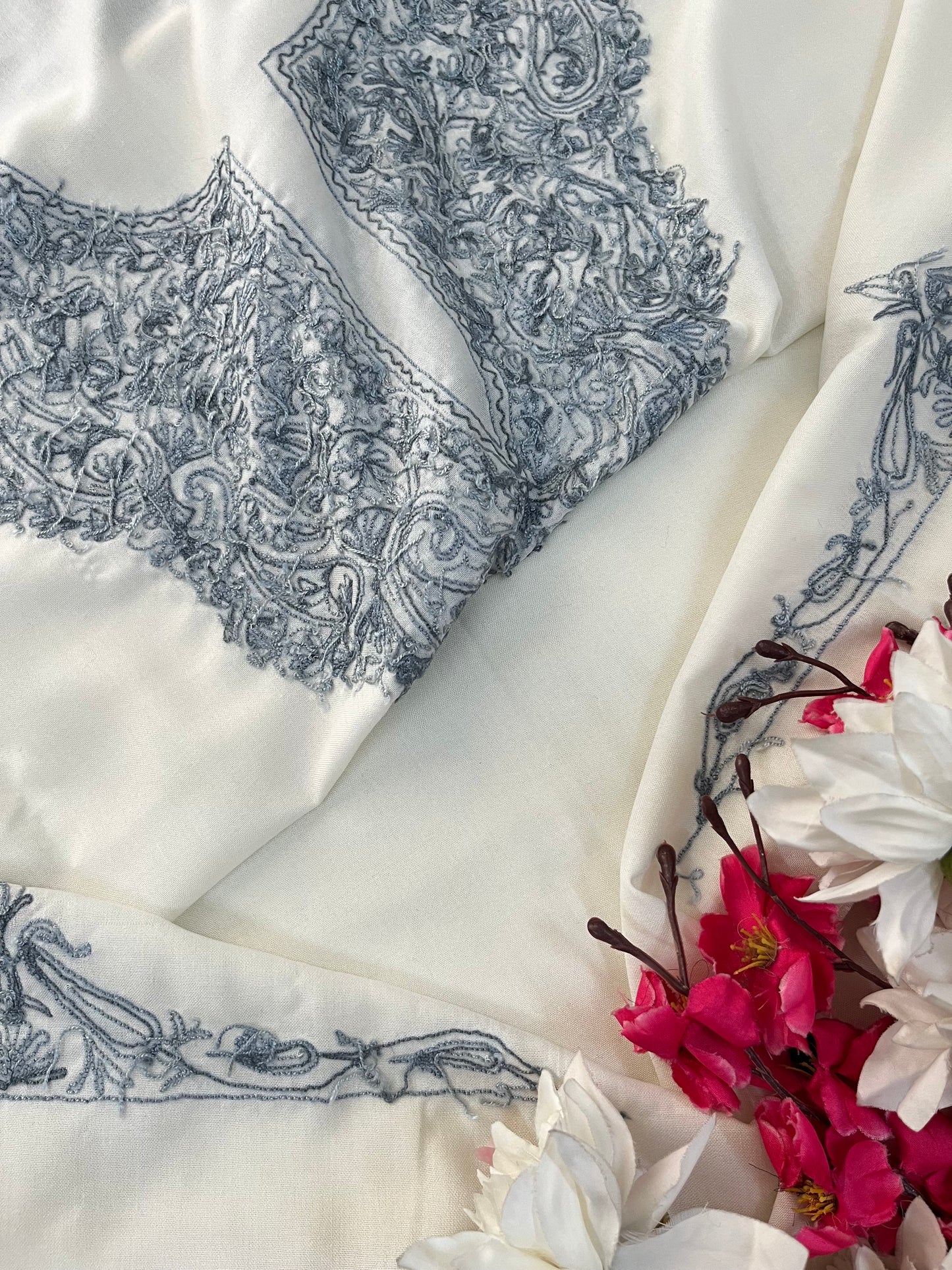 Off White Cotton Two Piece Suit (Hand Embroidered)