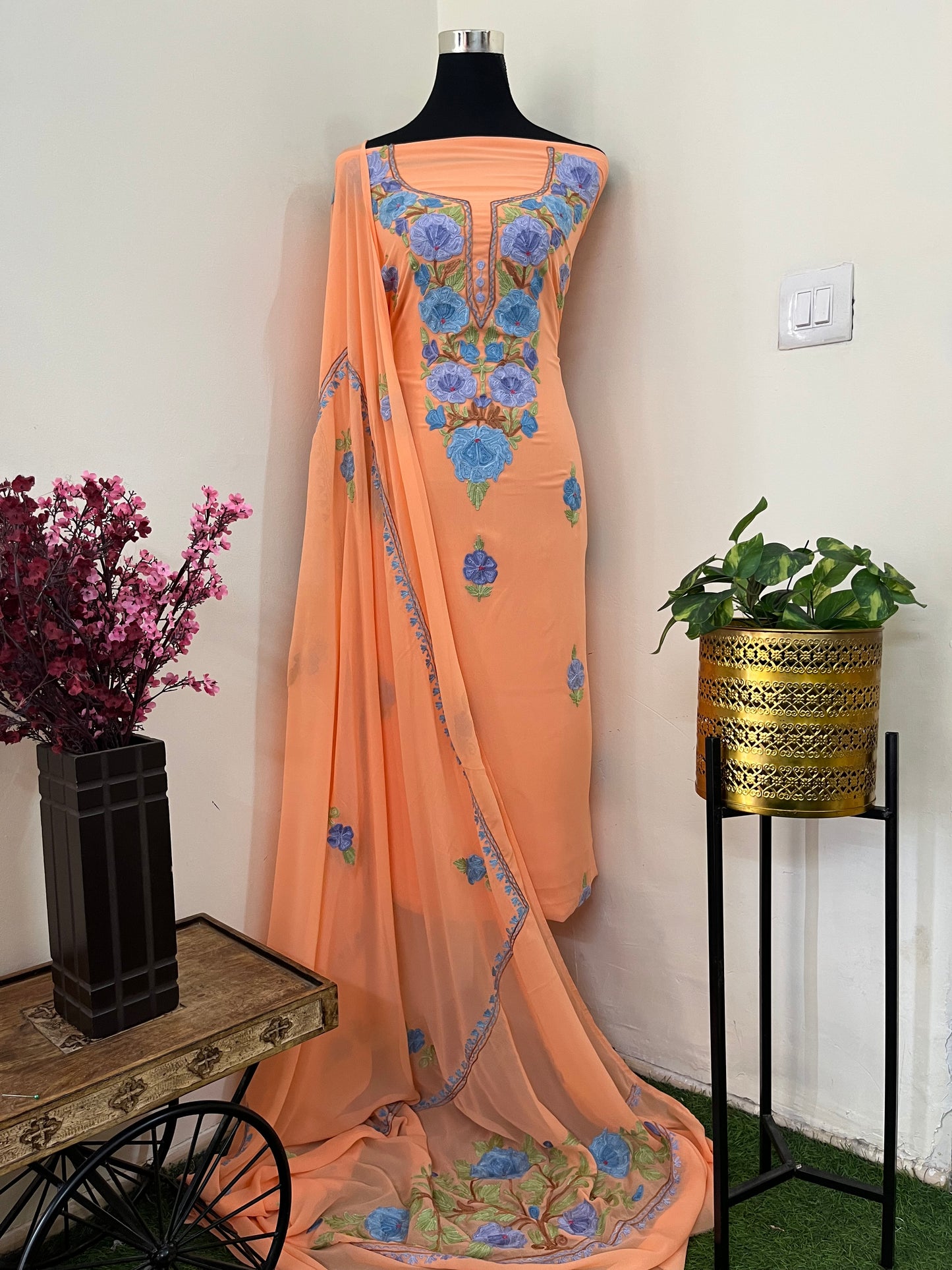 Light orange Georgette 3 Pc Aari Embroidered Suit