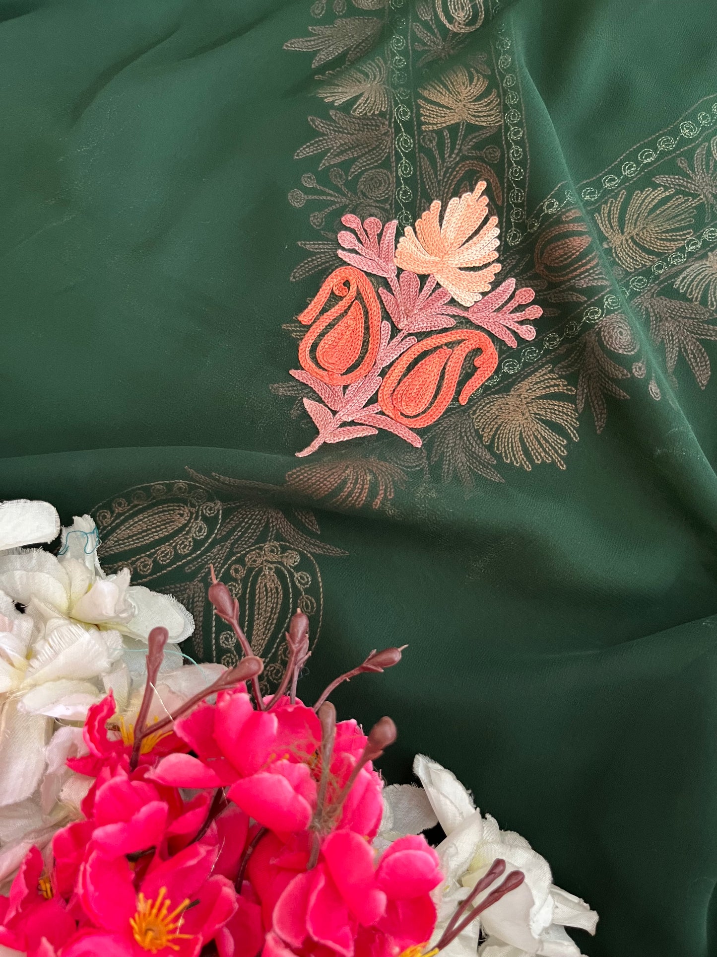 Bottle Green Georgette 3 Pc Aari Embroidered Suit Set