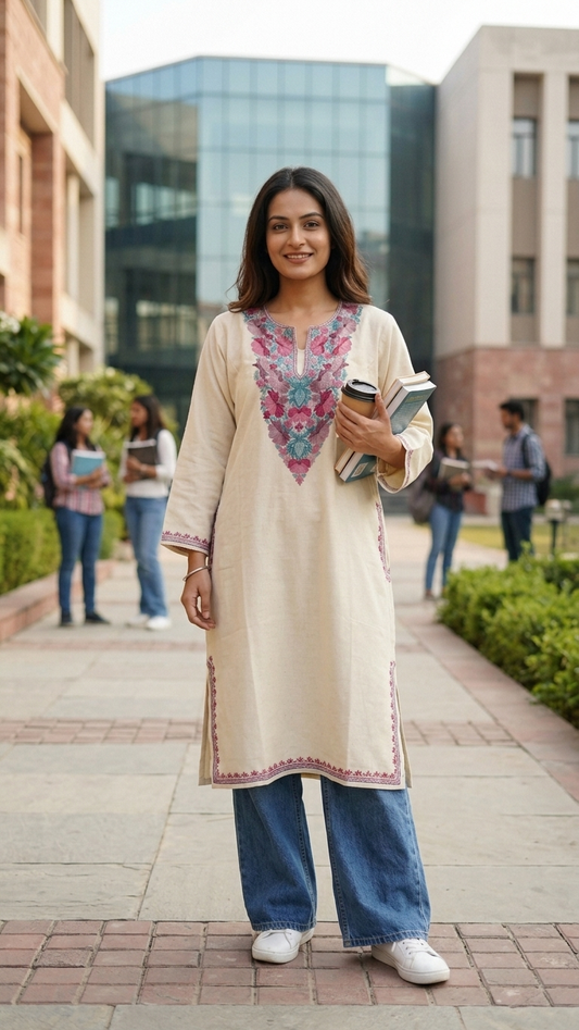 Off White Aari Embroidered Wool Pheran