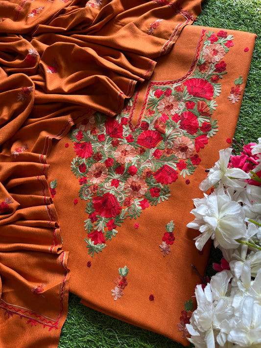 Dull Orange Woollen Aari Embroidered 3pc suit