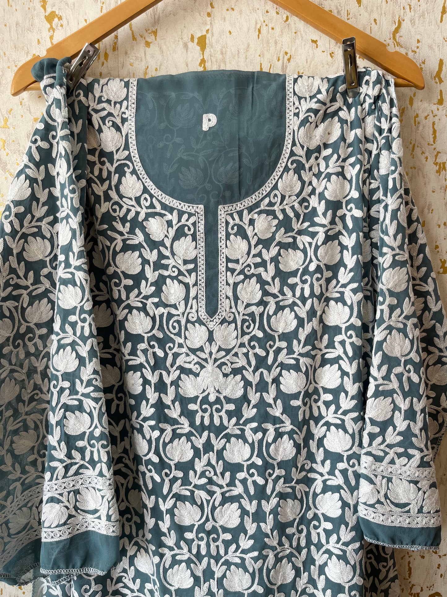 Sapphire Blue Georgette Jaal Work (Front & Back) Aari Embroidered Semi Stitched Kurta