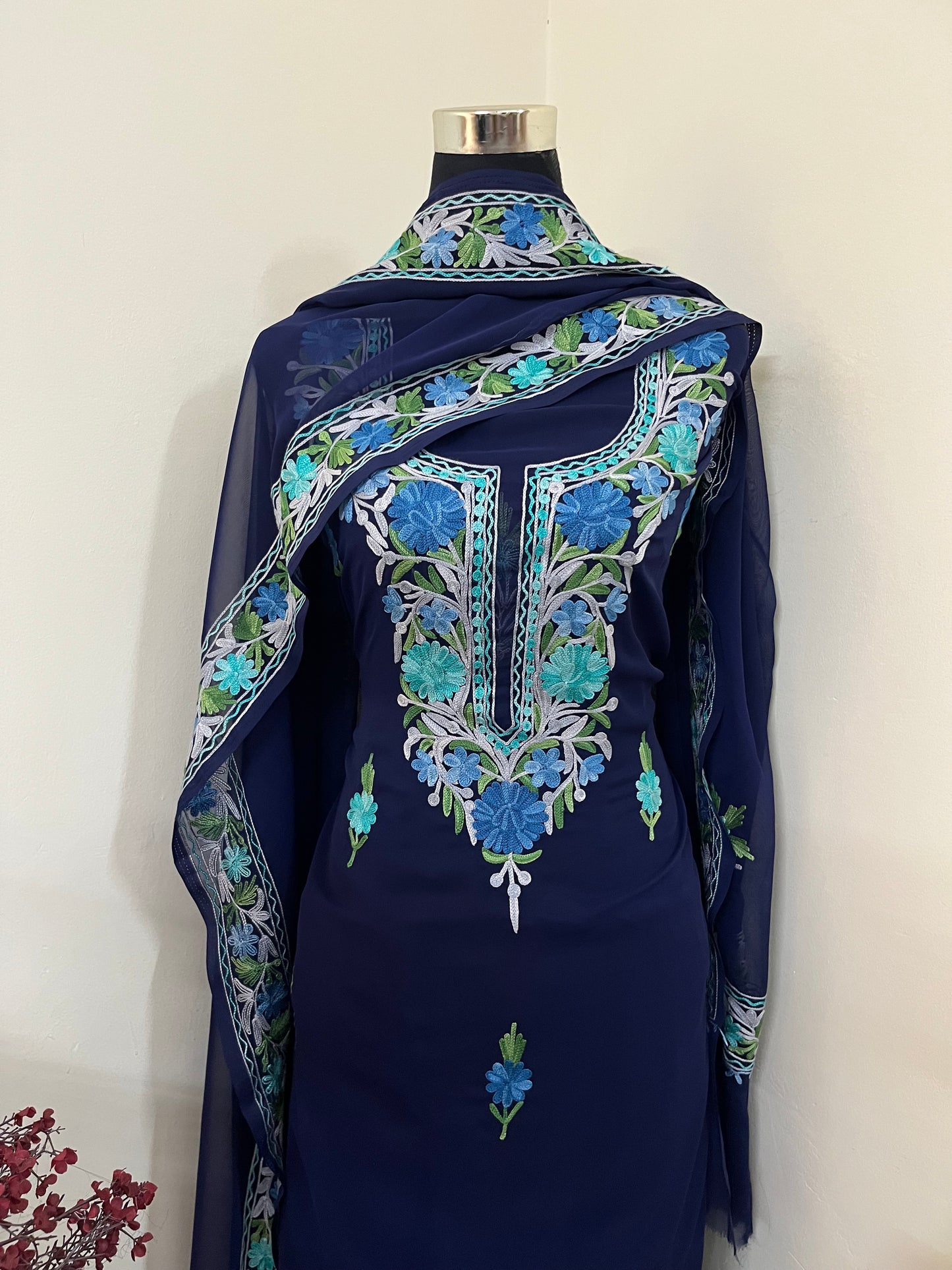 Blue Georgette 3 Pc Aari Embroidered Suit Set