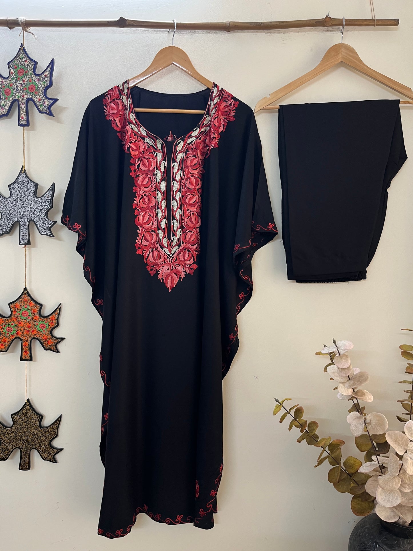 Black Red Muslin Cotton Kashmiri Kaftan Set