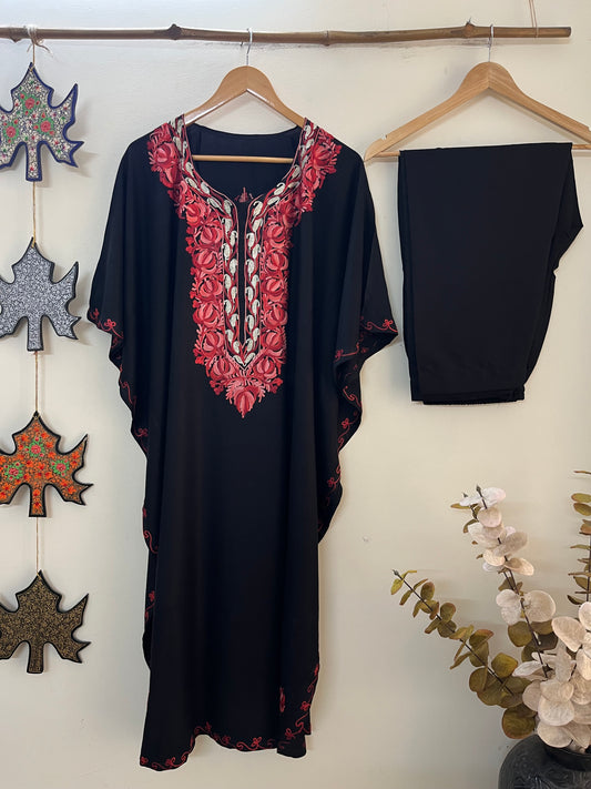 Black Red Muslin Cotton Kashmiri Kaftan Set