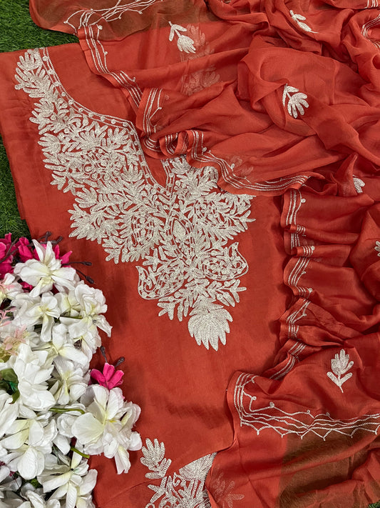 Soft Orange Silk Tilla Kashmiri Suit