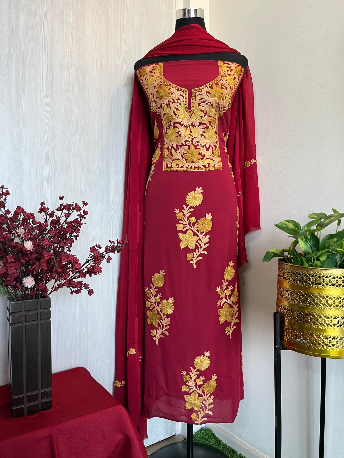Maroon Pure Georgette Tomato Red Aari Embroidered Suit
