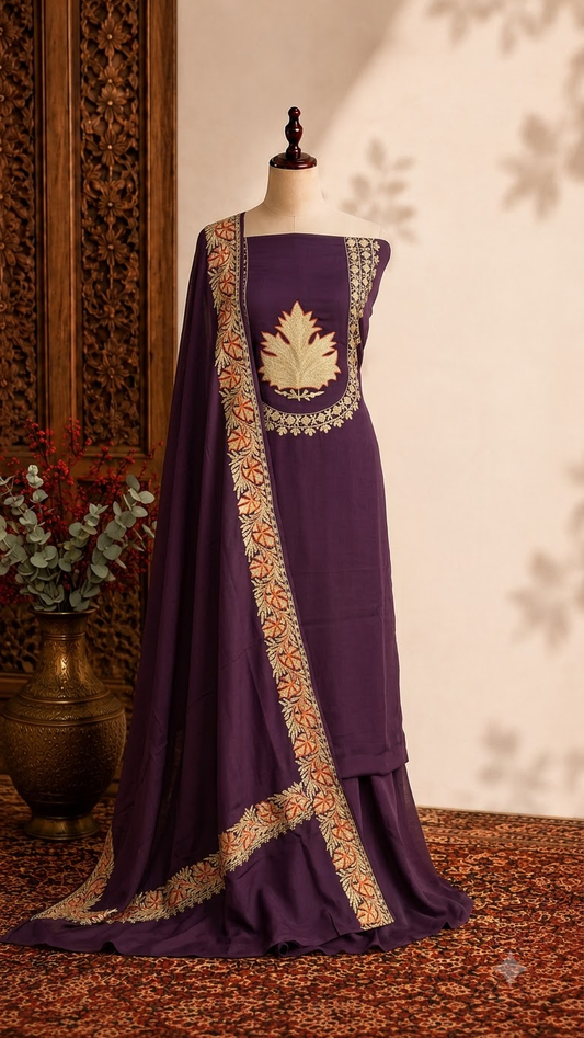 Purple Chinon 3 Pc Aari Embroidered Suit
