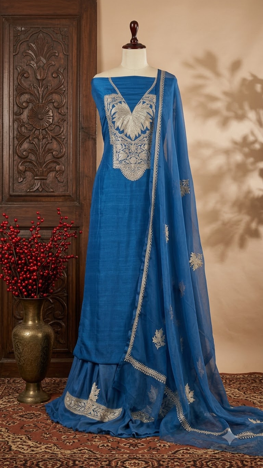 Indigo Silk Tilla Embroidered Suit