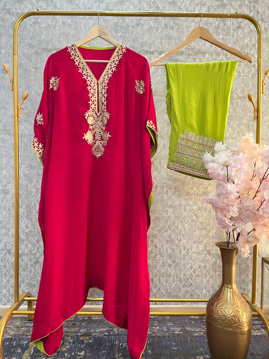 Hot Pink Silk Kashmiri Kaftan Set size (44)
