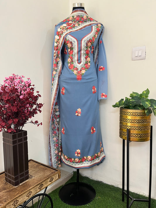 English Blue Rayon Cotton Kashmiri 3pc set