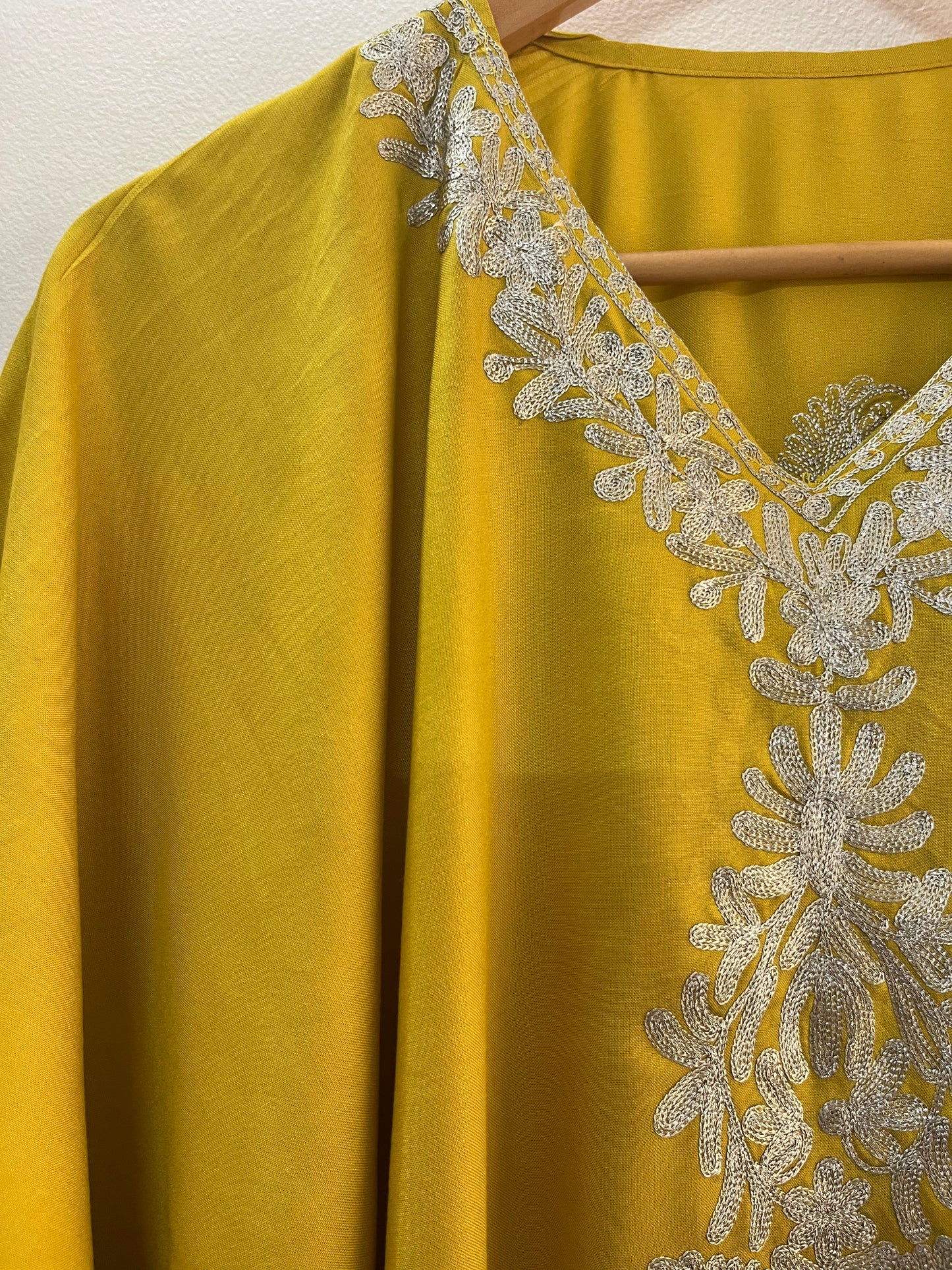 Golden Yellow Rayon Cotton Kashmiri Tilla Kaftan